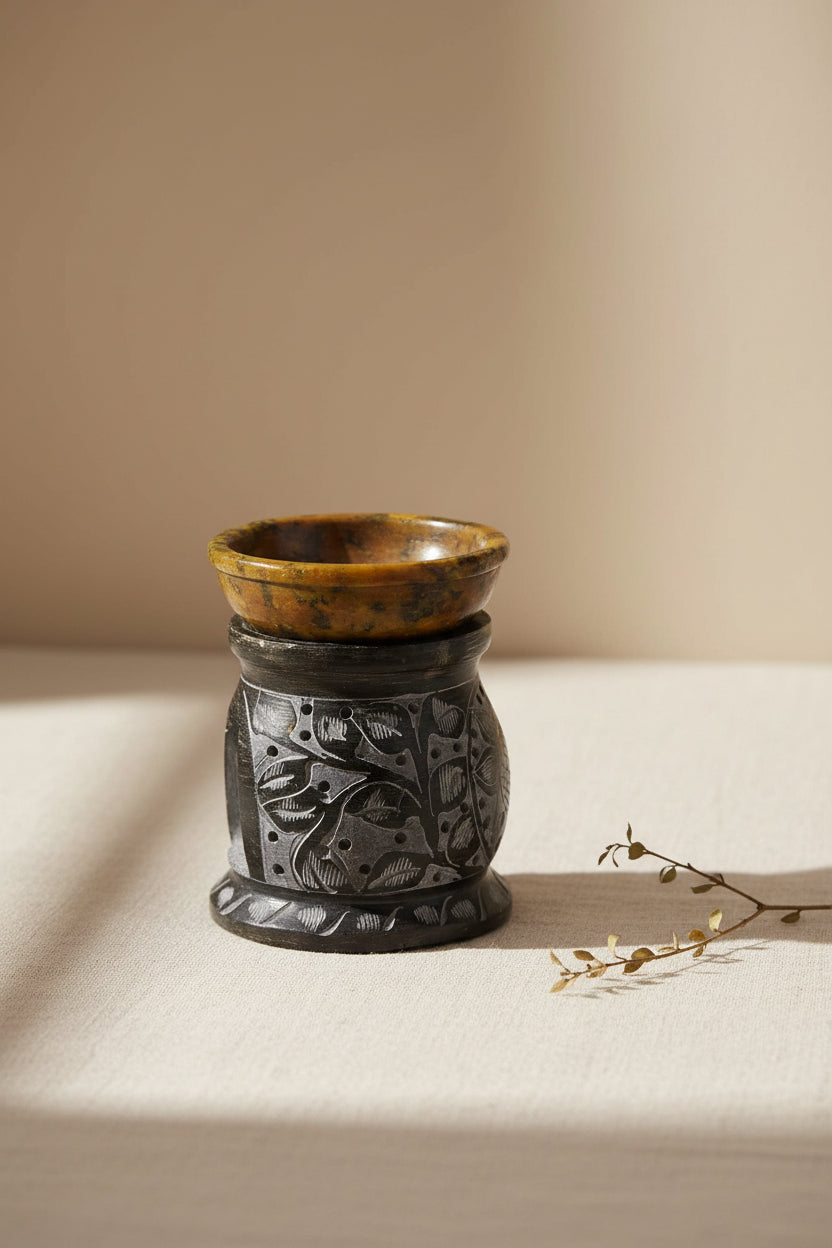 Soapstone Oil Burner - Mandala Flower - Black & Yellow