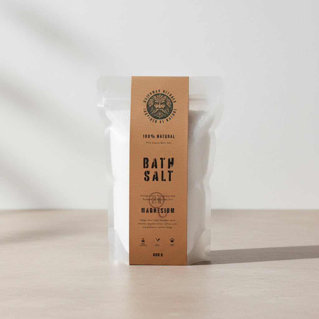 Bath salt package with a brown label on a white background