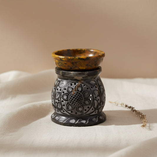 Soapstone Oil Burner - Mandala Flower - Black & Yellow