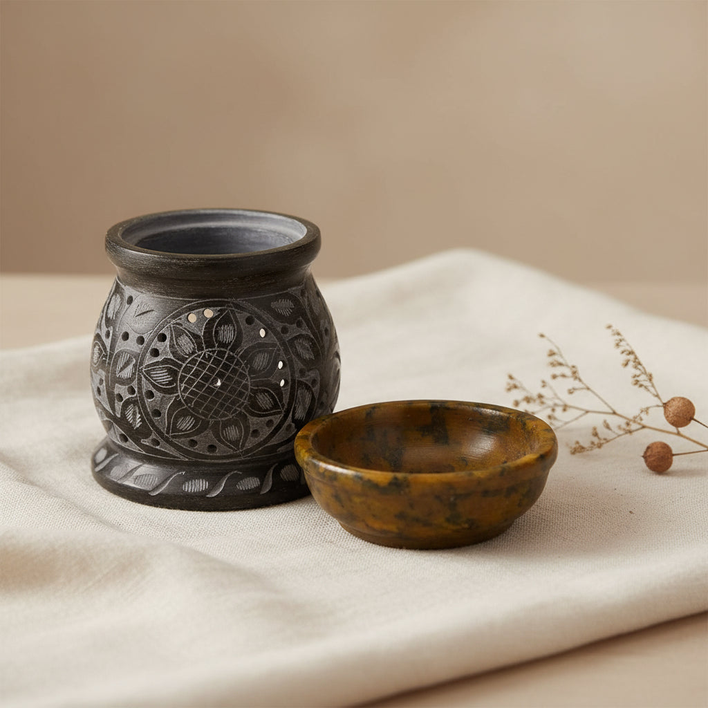 Soapstone Oil Burner - Mandala Flower - Black & Yellow
