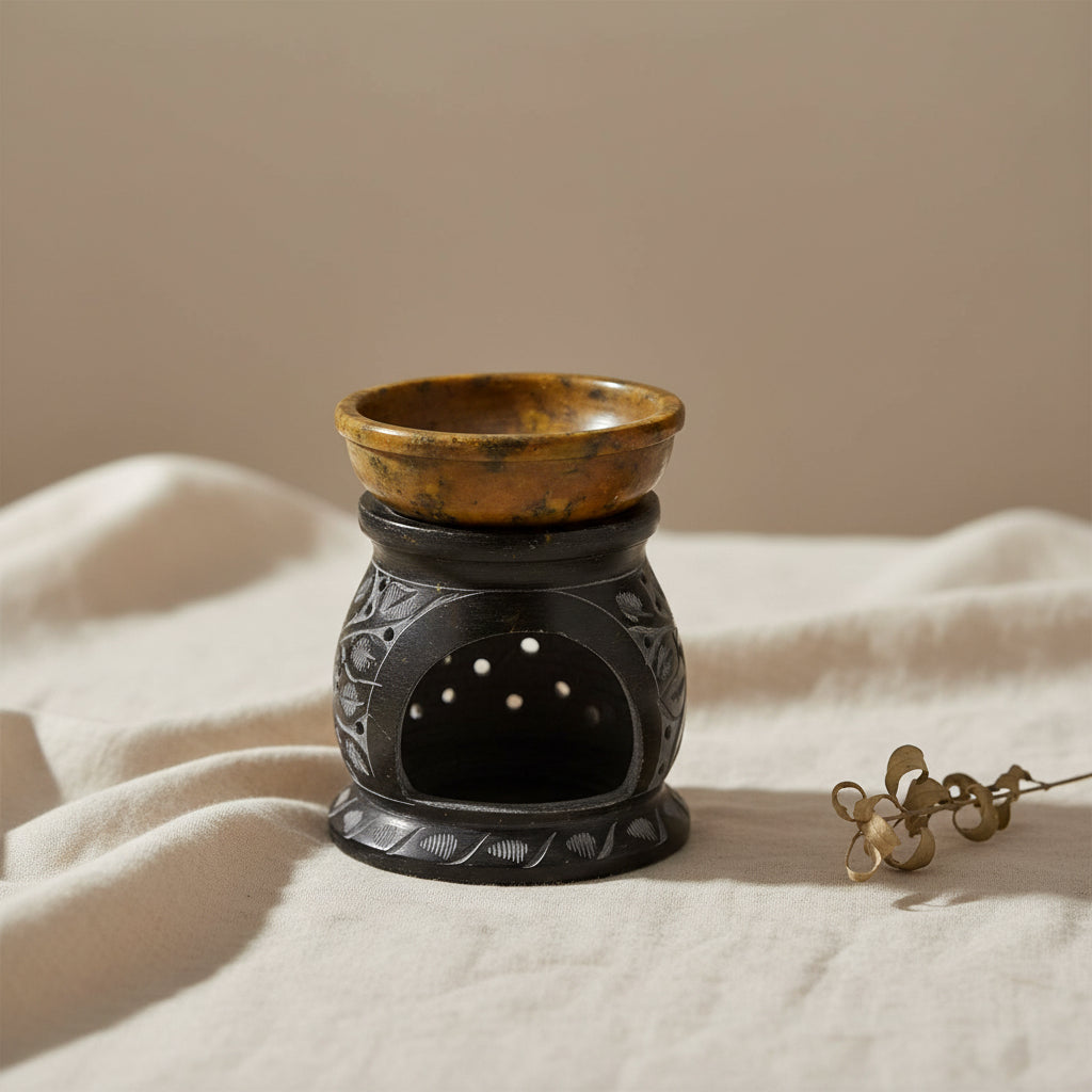 Soapstone Oil Burner - Mandala Flower - Black & Yellow